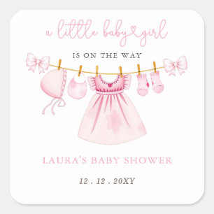 Pink Clothesline Coquette Bow Girl Baby Shower Square Sticker