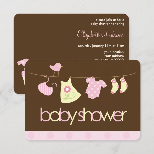Pink Clothesline Girl Baby Shower Invitation (Front/Back)