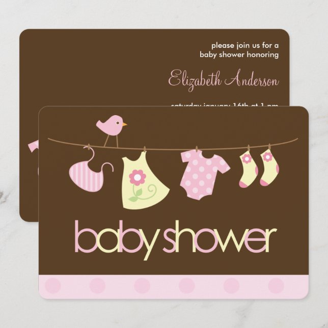 Pink Clothesline Girl Baby Shower Invitation (Front/Back)
