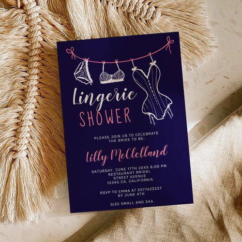 Pink clothesline navy blue lingerie bridal shower invitation