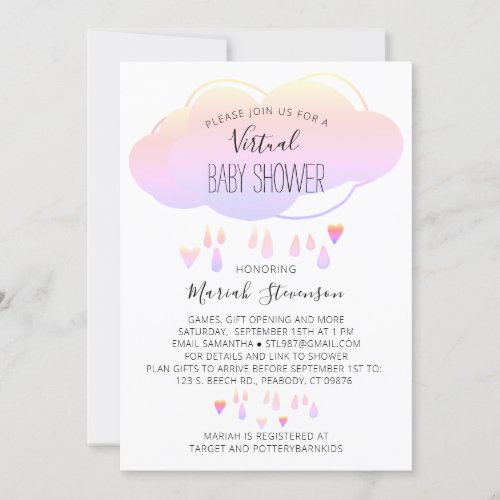 Pink Cloud And Raindrops Girls Virtual Baby Shower Invitation