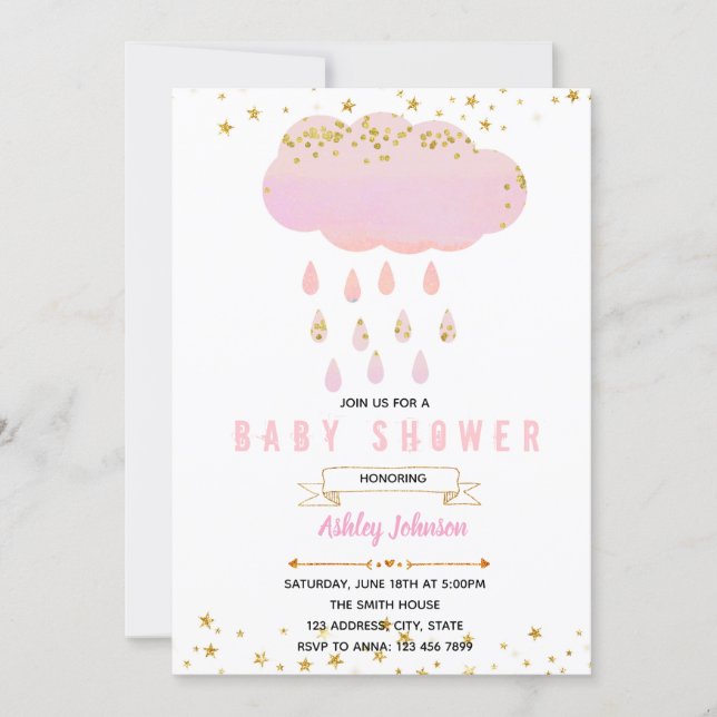 Pink cloud baby shower invitation (Front)