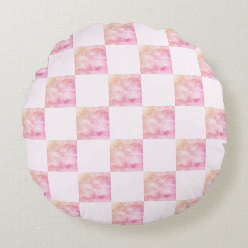 Pink Cloud Checkerboard Round Pillow