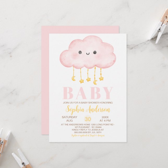 Pink cloud Girl Baby Shower Invitation (Front/Back In Situ)