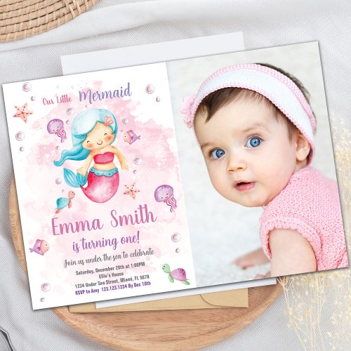 Pink Cloud Mermaid Birthday Invitations with photo