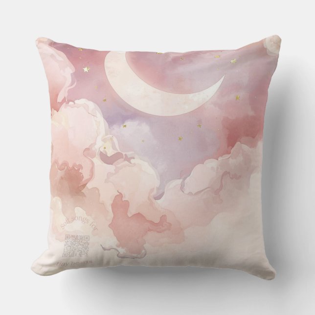 Pink Cloud & Moon Throw Pillow – Lullaby QR Code (Front)