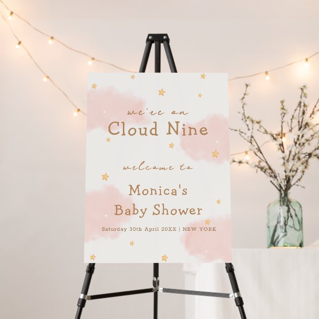 Pink Cloud Nine Girl Baby Shower Welcome Sign (In Situ (Stand))