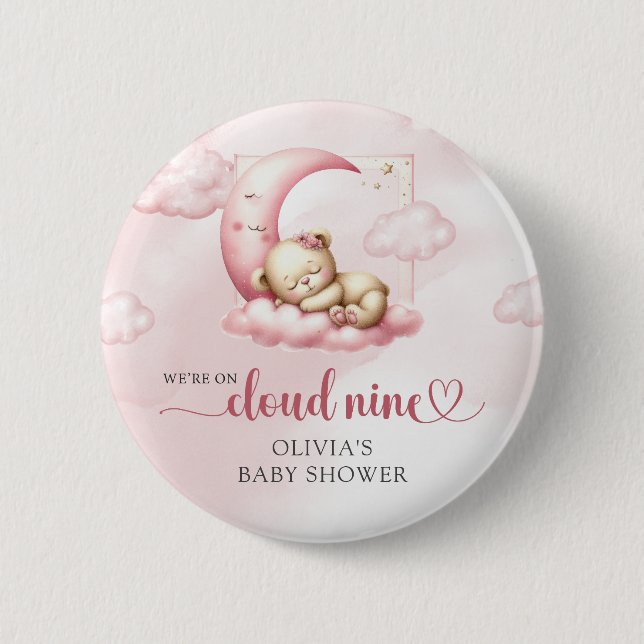 Pink cloud nine teddy bear girl baby shower button (Front)