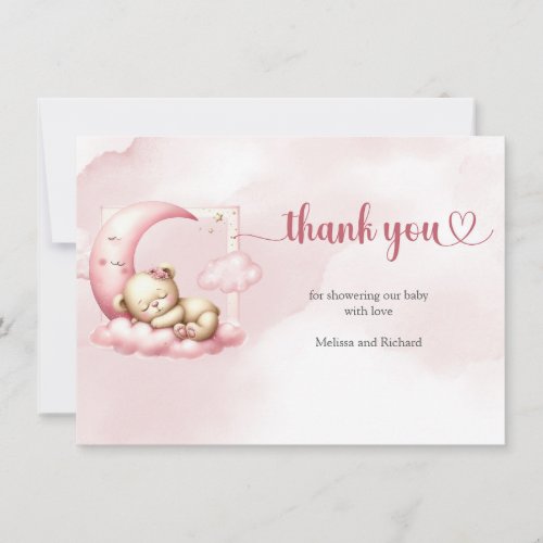 Pink cloud nine teddy bear girl baby shower thank you card