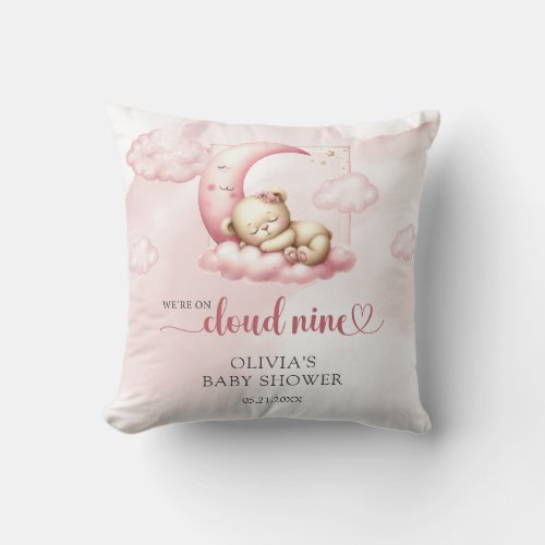 Pink cloud nine teddy bear girl baby shower throw pillow