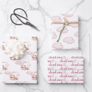 Pink cloud nine teddy bear girl baby shower wrapping paper sheets