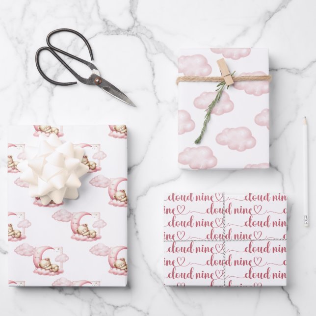 Pink cloud nine teddy bear girl baby shower wrapping paper sheets (Front)