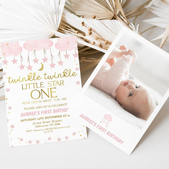 Pink Cloud Photo Twinkle Twinkle Star 1st Birthday Invitation by Sugar_Puff_Kids at Zazzle