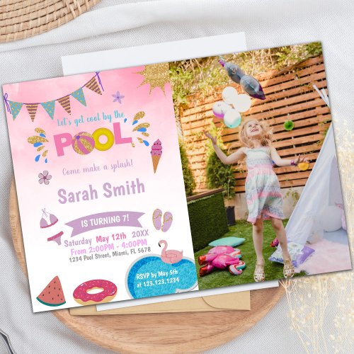 Pink Cloud Pool Birthday Invitations with photo