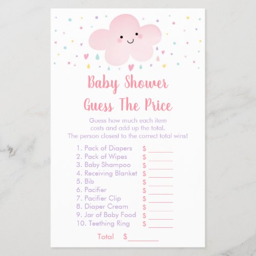 Pink Cloud Stars Baby Shower Guess The Price Game