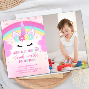 Pink Cloud Unicorn Birthday Invitation with Photo