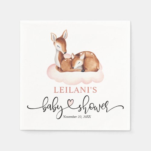 Pink Cloud Watercolor Deer Baby Shower Napkins