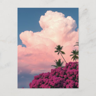 Pink Clouds and Blooming Bush Photography Art Postcard