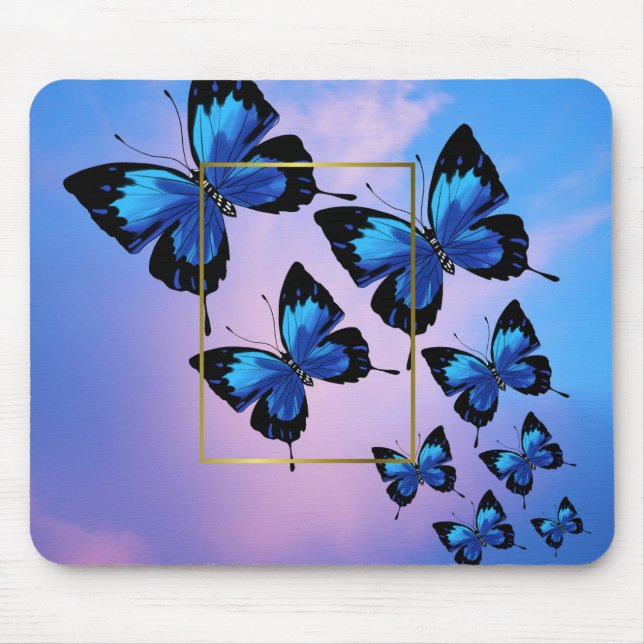 Pink Clouds and Blue Butterflies Mouse Pad (Front)