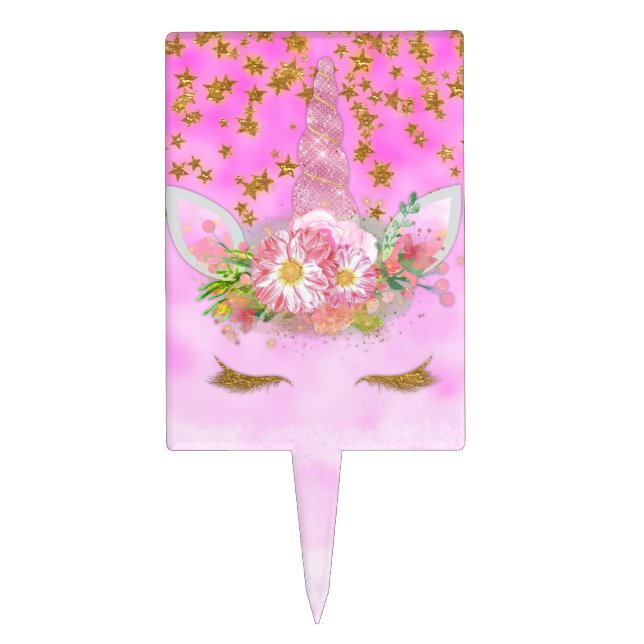 Pink Clouds and Gold Stars Unicorn Party Cake Topper (Front)
