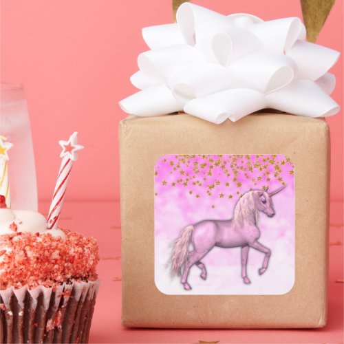 Pink Clouds and Gold Stars Unicorn Square Sticker