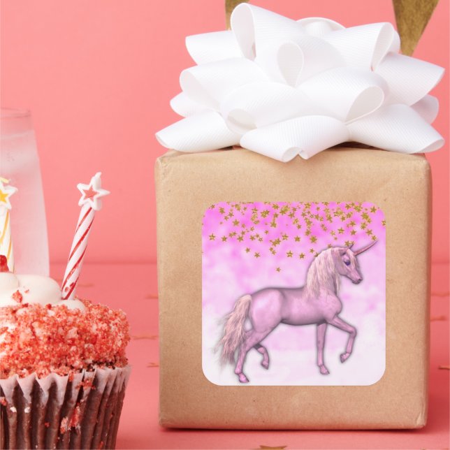 Pink Clouds and Gold Stars Unicorn Square Sticker (Party)