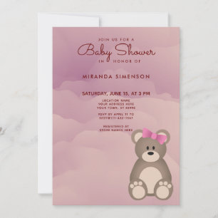 Pink Clouds Cute Teddy Bear Baby Shower Invitation