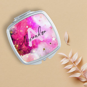 Pink Clouds Gold Galaxy Star Dust Monogram Name Compact Mirror