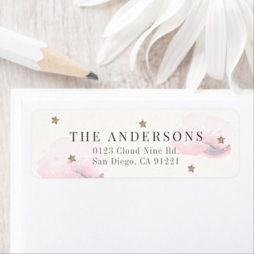 Pink Clouds  Gold Stars Return Address Label