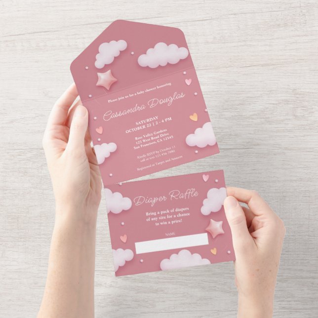 Pink Clouds Hello Baby Shower All In One Invitation (Tearaway)