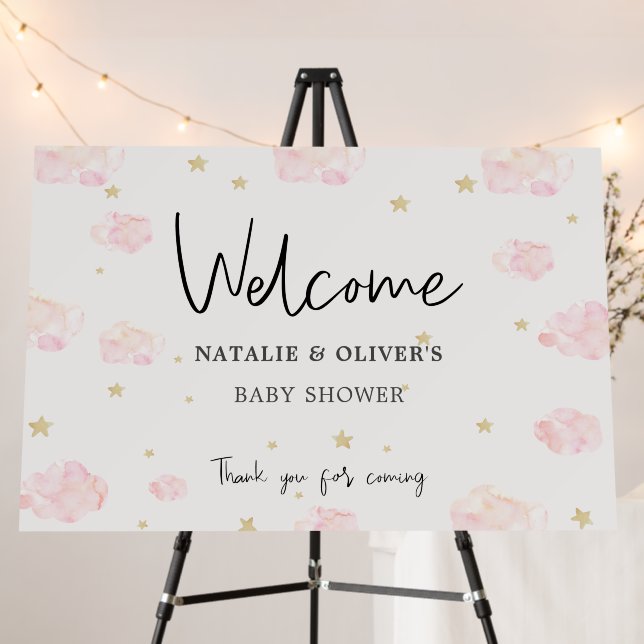 Pink Clouds Stars Baby Shower Welcome Sign (In Situ (Stand))
