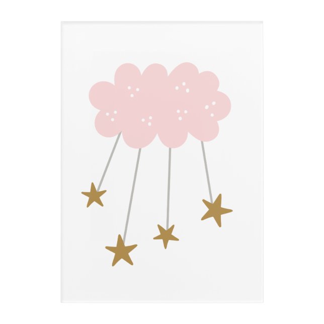 Pink Clouds Stars Boho Pink Grey Girly Acrylic Print (Front)