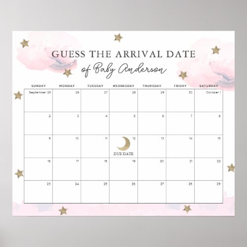 Pink Clouds  Stars Guess The Due Date Calendar Poster