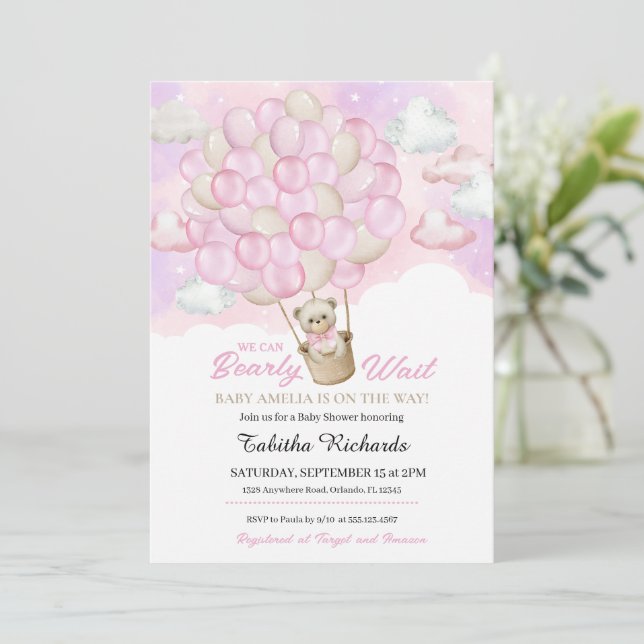 Pink Clouds Teddy Bear Hot Air Balloon Baby Shower Invitation (Standing Front)