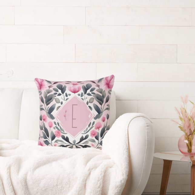 Pink Clover and Sage Monogram Throw Pillow (Couch)