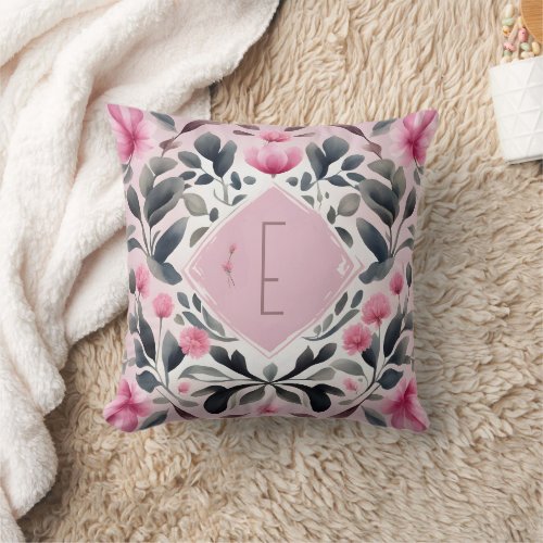 Pink Clover and Sage Monogram Throw Pillow