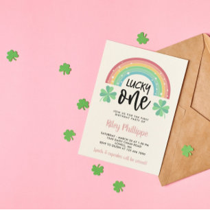 Pink Clover & Rainbow Lucky One First Birthday Invitation