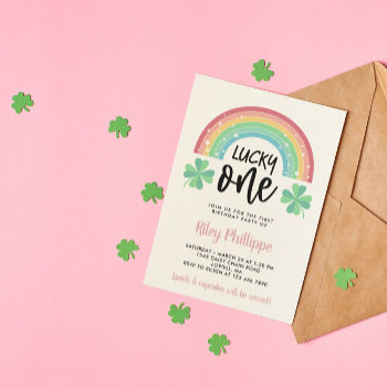 Pink Clover & Rainbow Lucky One First Birthday Invitation by Paperpaperpaper at Zazzle
