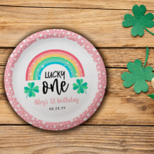 Pink Clover & Rainbow Lucky One First Birthday Paper Plates