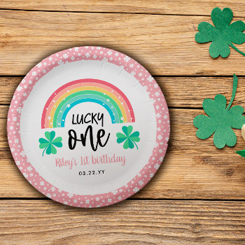 Pink Clover & Rainbow Lucky One First Birthday Paper Plates by Paperpaperpaper at Zazzle