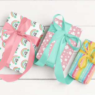 Pink Clover & Rainbow Lucky One First Birthday Wrapping Paper Sheets