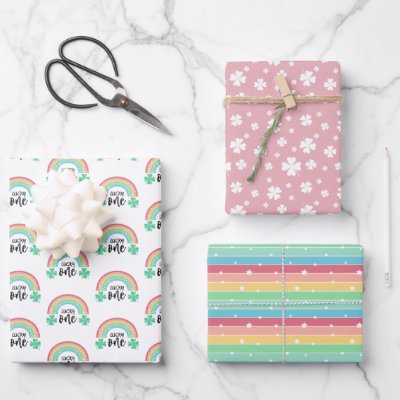 Pink Clover &amp; Rainbow Lucky One First Birthday Wrapping Paper Sheets