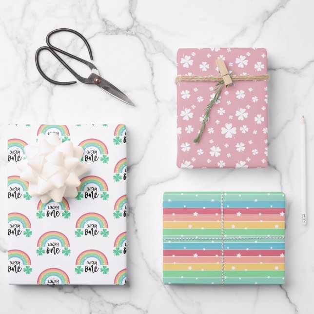 Pink Clover & Rainbow Lucky One First Birthday Wrapping Paper Sheets (Front)