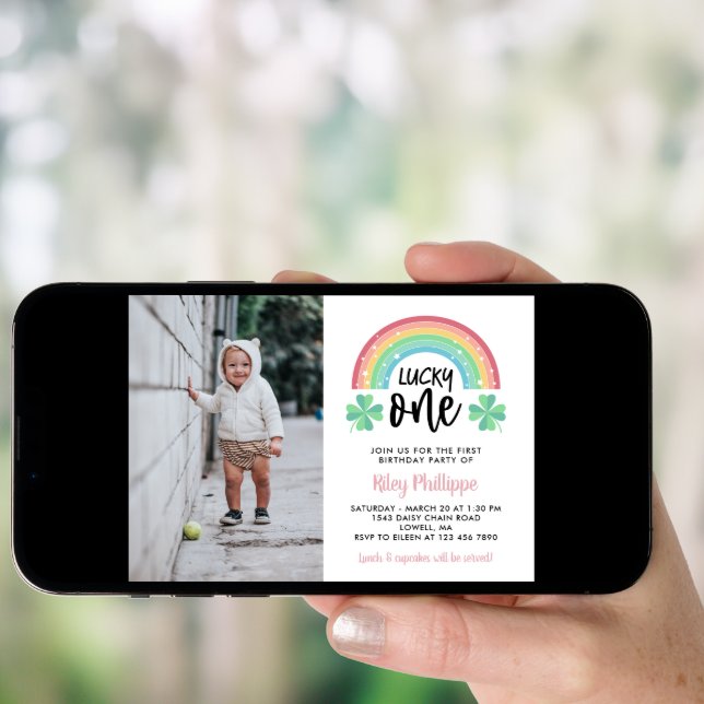 Pink Clover & Rainbow Lucky One Photo 1st Birthday Invitation (Front Digital)