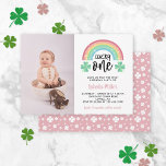 Pink Clover &amp; Rainbow Lucky One Photo 1st Birthday Invitation