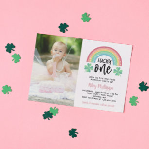Pink Clover & Rainbow Lucky One Photo 1st Birthday Invitation