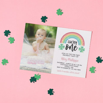 Pink Clover & Rainbow Lucky One Photo 1st Birthday Invitation by Paperpaperpaper at Zazzle