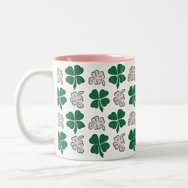 Pink Clover Shamrock Pattern St. Patrick`s day  Two-Tone Coffee Mug (Left)