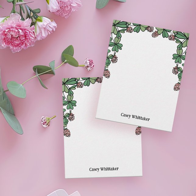 Pink Clovers & Leaves Hand-Writing Font Name Note Card (Creator Uploaded)