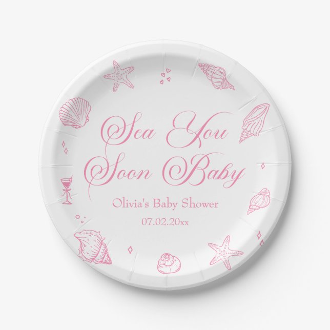 Pink Coastal Baby Shower Sea You Soon Baby Paper Plates (Front)